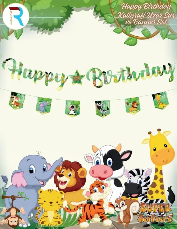 6'LI SAFARİ HAPPY BİRTHDAY KALOĞRAFİ UZAR BANNER SET